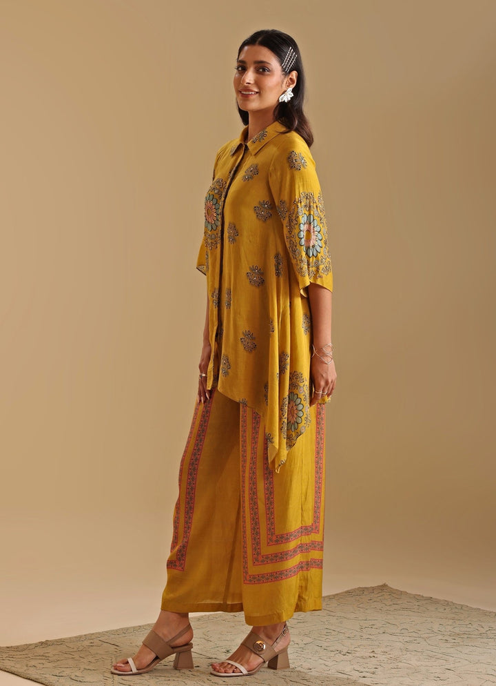 Yellow Printed Cotton Silk Shirt Kurta And Flared Pant Set Soup By Sougat Paul - Fabilicious Fashion