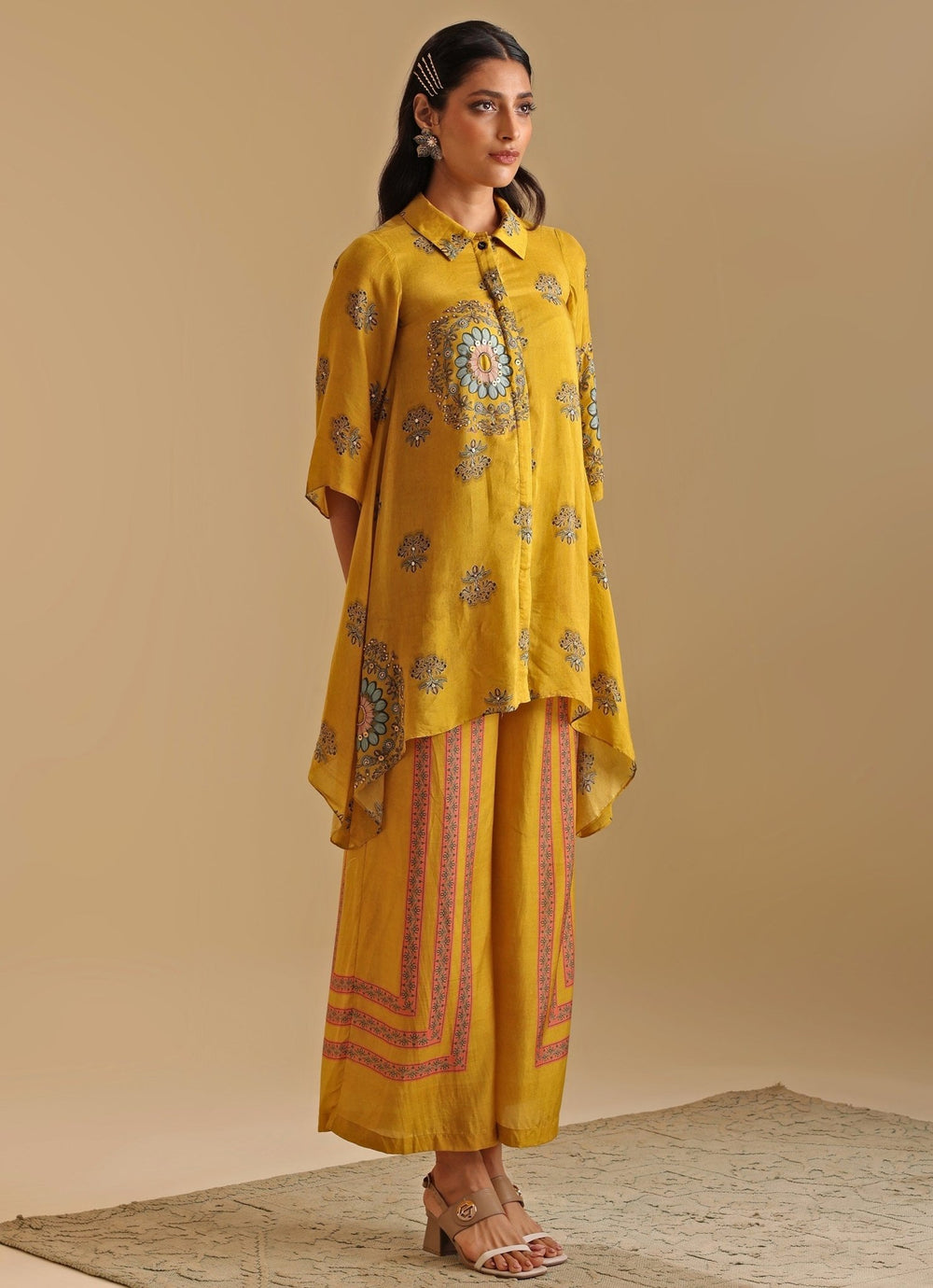 Yellow Printed Cotton Silk Shirt Kurta And Flared Pant Set Soup By Sougat Paul - Fabilicious Fashion