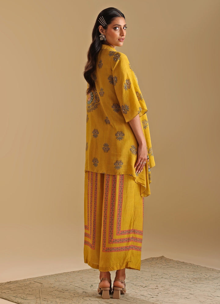 Yellow Printed Cotton Silk Shirt Kurta And Flared Pant Set Soup By Sougat Paul - Fabilicious Fashion