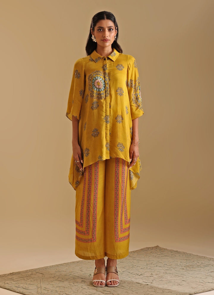 Yellow Printed Cotton Silk Shirt Kurta And Flared Pant Set Soup By Sougat Paul - Fabilicious Fashion