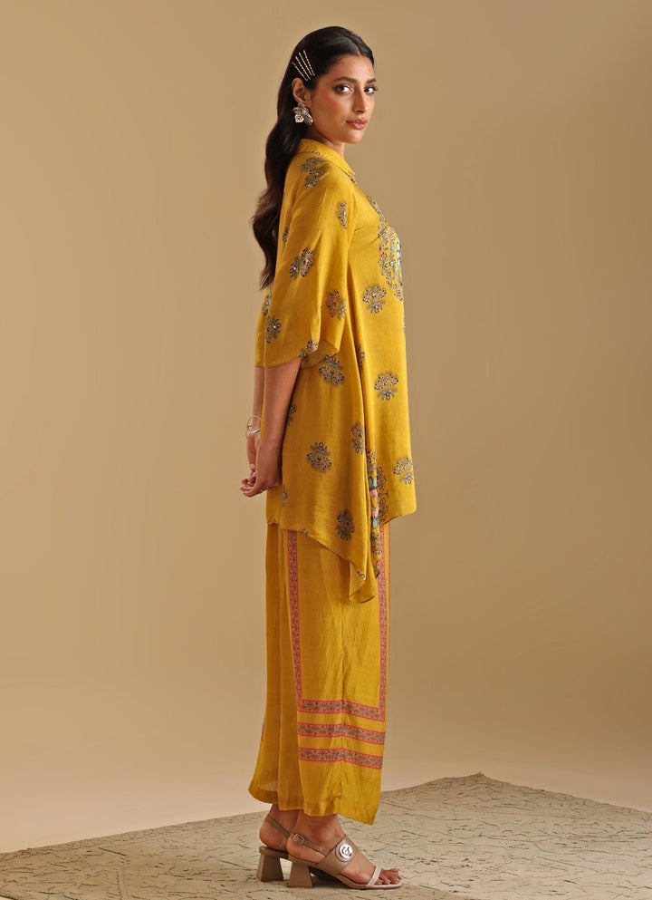 Yellow Printed Cotton Silk Shirt Kurta And Flared Pant Set Soup By Sougat Paul - Fabilicious Fashion