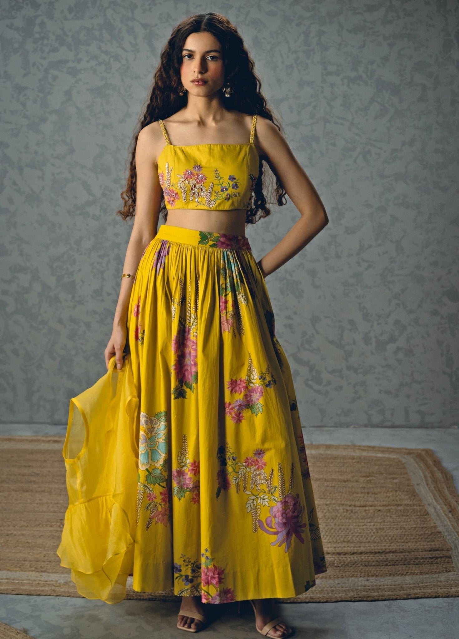 yellow cotton skirt set indowestern garden wedding guest outfit