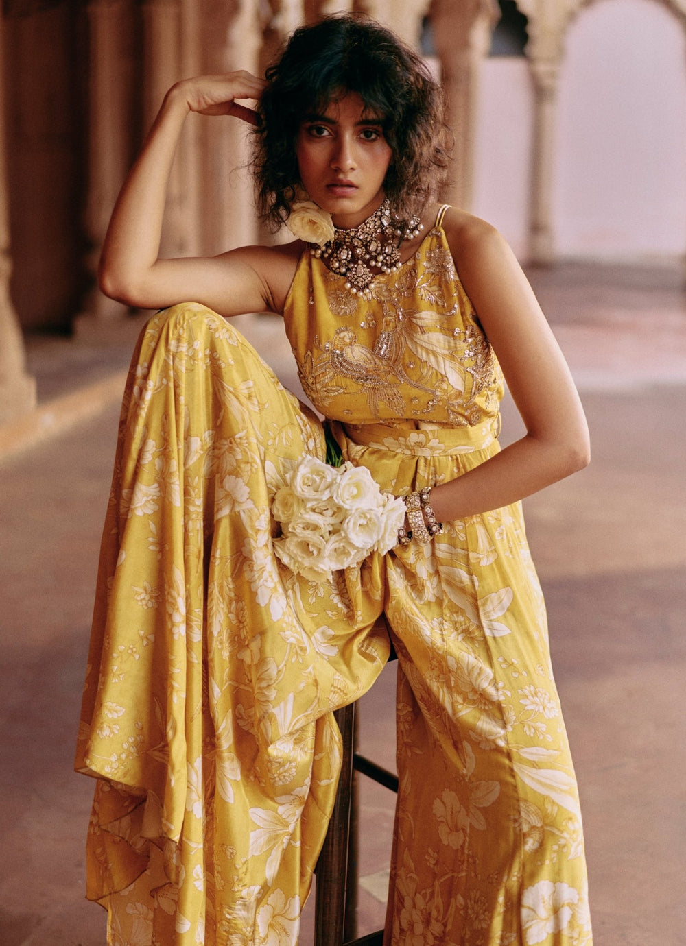 Yellow Printed Crepe Jumpsuit Paulmi and Harsh - Fabilicious Fashion