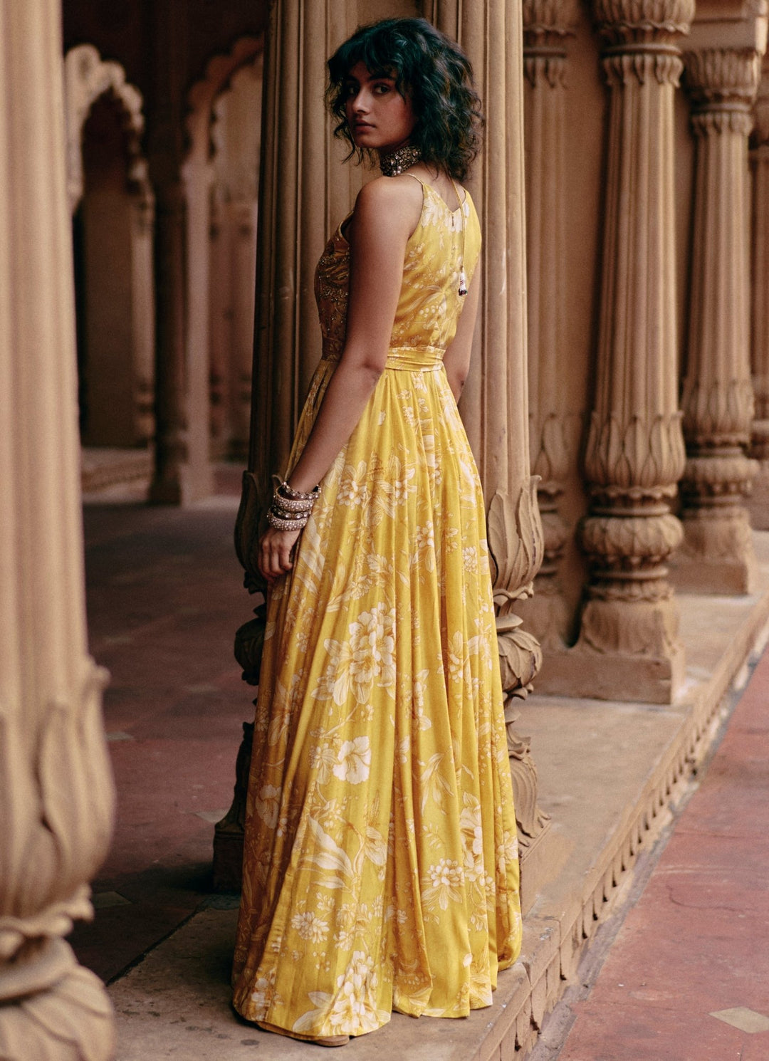 Yellow Printed Crepe Jumpsuit Paulmi and Harsh - Fabilicious Fashion