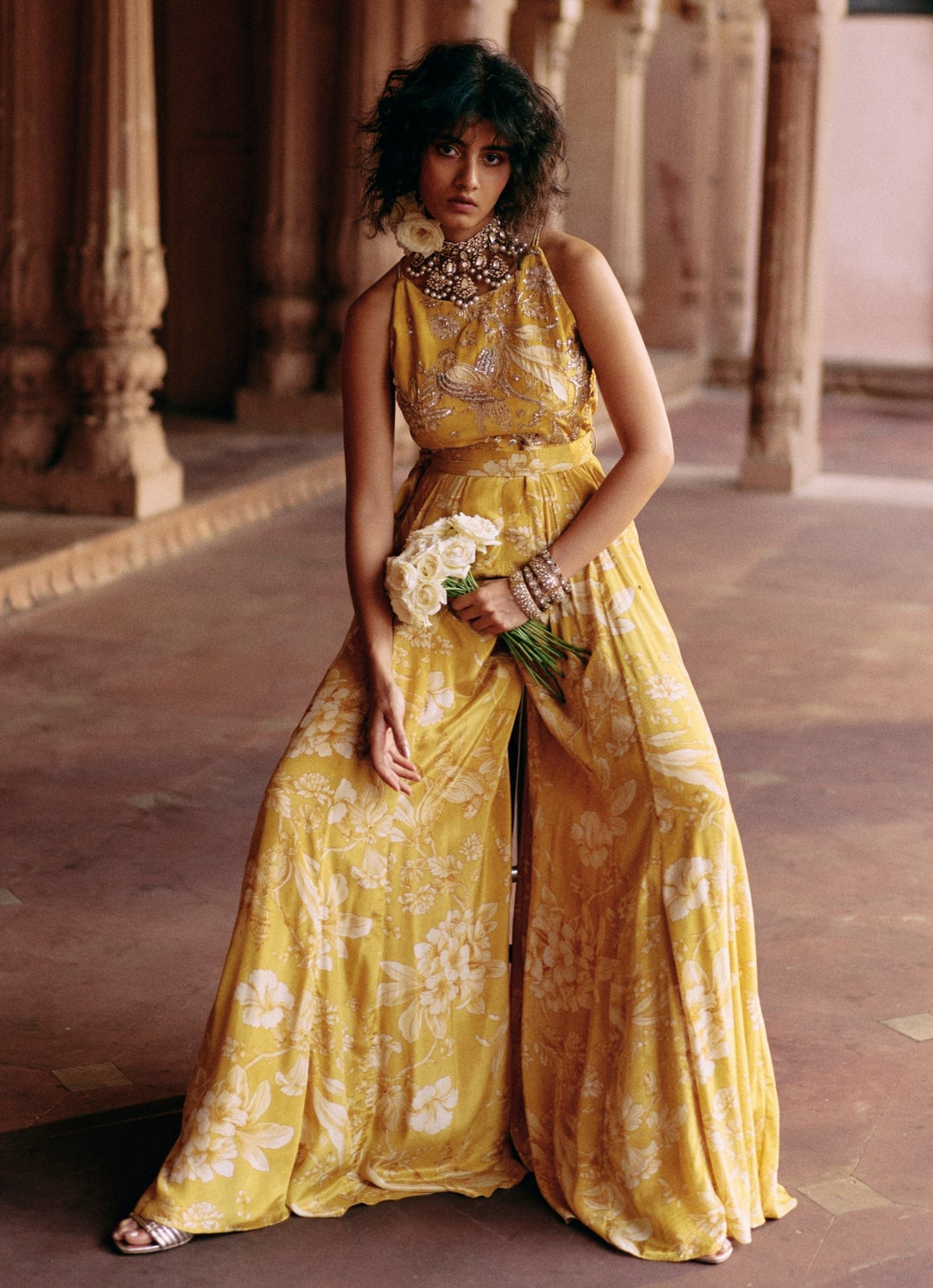 Yellow Printed Crepe Jumpsuit Paulmi and Harsh - Fabilicious Fashion