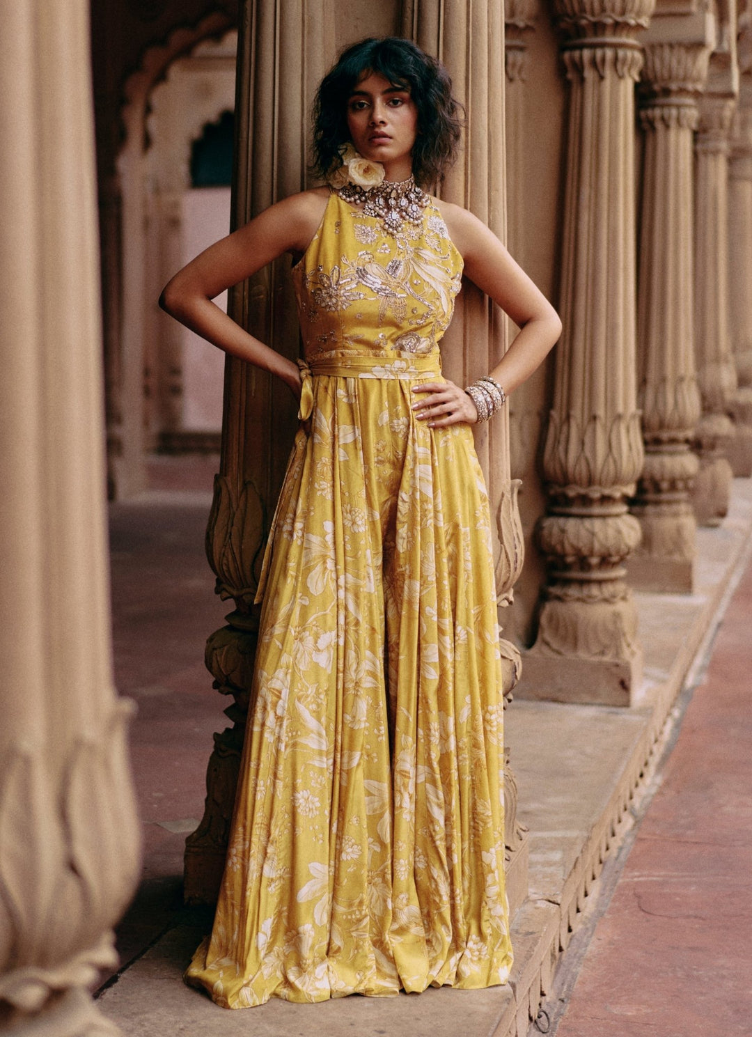 Yellow Printed Crepe Jumpsuit Paulmi and Harsh - Fabilicious Fashion