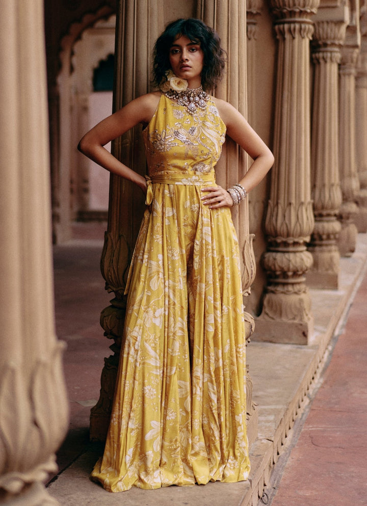 Yellow Printed Crepe Jumpsuit Paulmi and Harsh - Fabilicious Fashion
