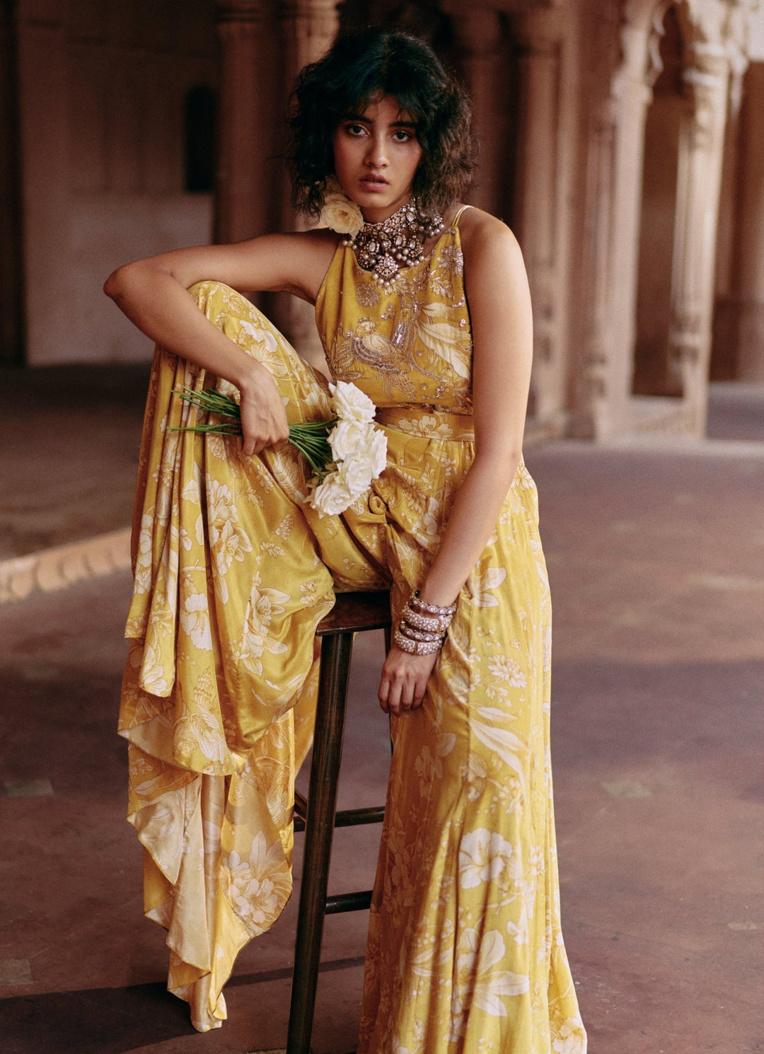 Yellow Printed Crepe Jumpsuit Paulmi and Harsh - Fabilicious Fashion