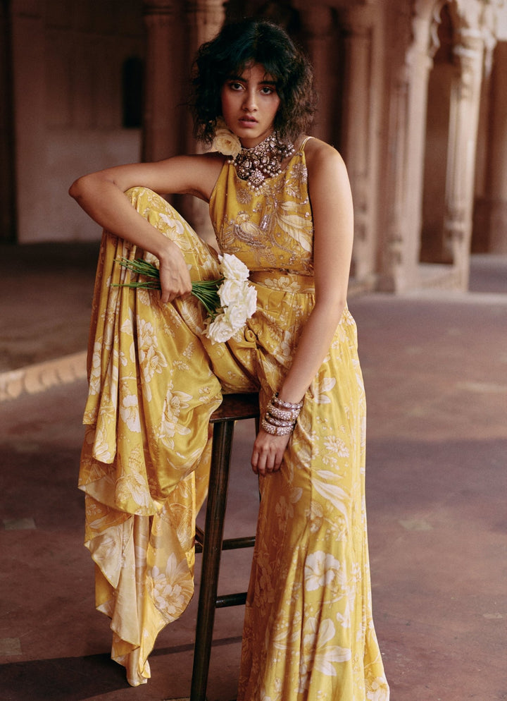 Yellow Printed Crepe Jumpsuit Paulmi and Harsh - Fabilicious Fashion