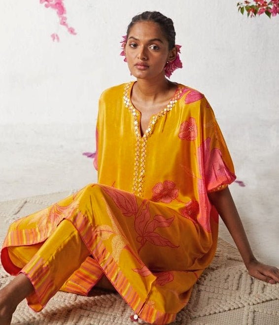 Yellow Printed Crepe Kurta Pants Set Basil Leaf - Fabilicious Fashion