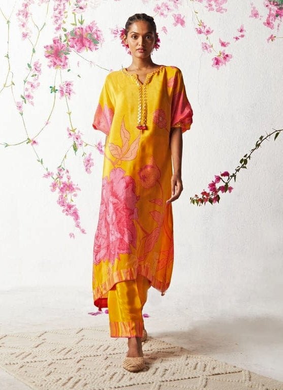 Yellow Printed Crepe Kurta Pants Set Basil Leaf - Fabilicious Fashion
