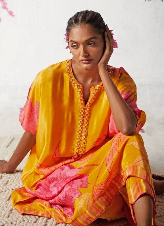 Yellow Printed Crepe Kurta Pants Set Basil Leaf - Fabilicious Fashion