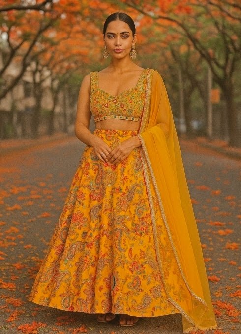 Yellow Printed Crepe Lehenga Anisha Shetty - Fabilicious Fashion