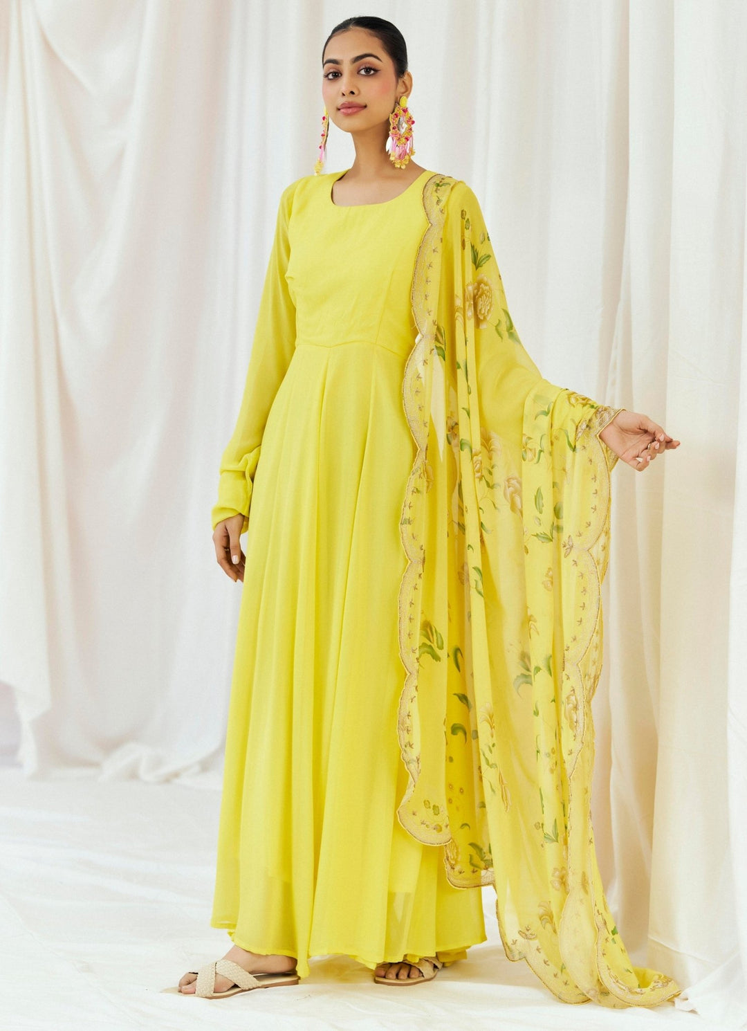 Yellow Printed Georgette Anarkali Set Redpine - Fabilicious Fashion