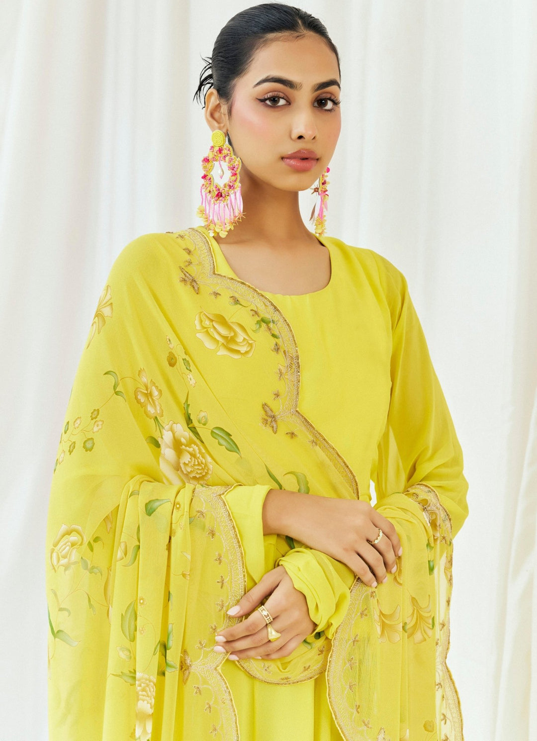 Yellow Printed Georgette Anarkali Set Redpine - Fabilicious Fashion