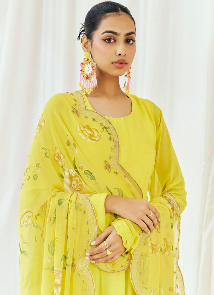 Yellow Printed Georgette Anarkali Set Redpine - Fabilicious Fashion