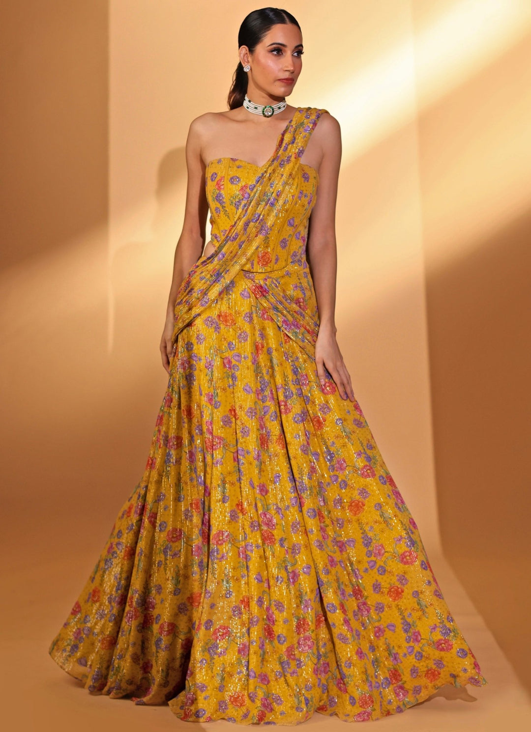 Yellow Printed Georgette Lehenga Saree With Corset Blouse Kiyohra - Fabilicious Fashion