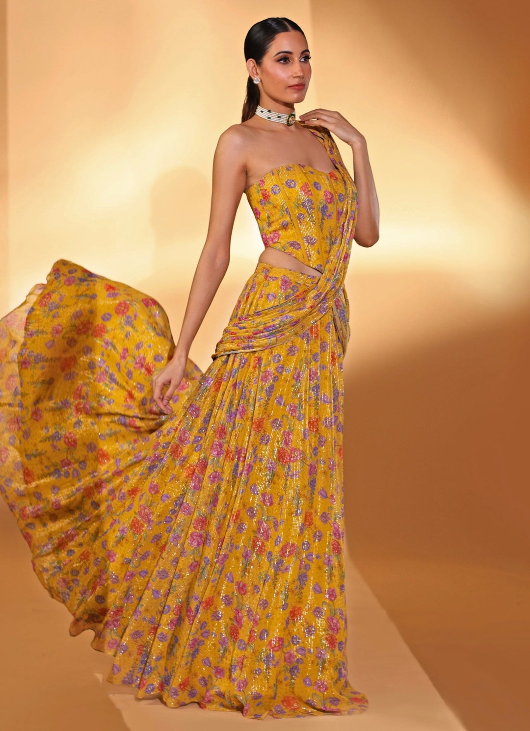 Yellow Printed Georgette Lehenga Saree With Corset Blouse Kiyohra - Fabilicious Fashion