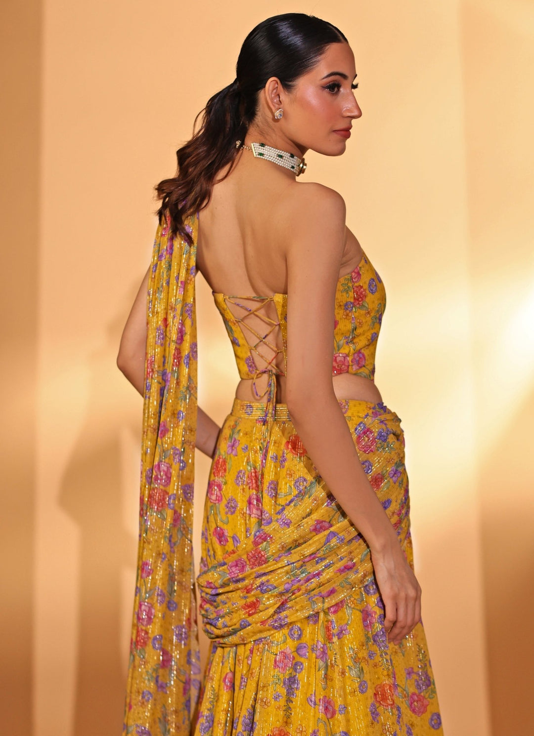 Yellow Printed Georgette Lehenga Saree With Corset Blouse Kiyohra - Fabilicious Fashion