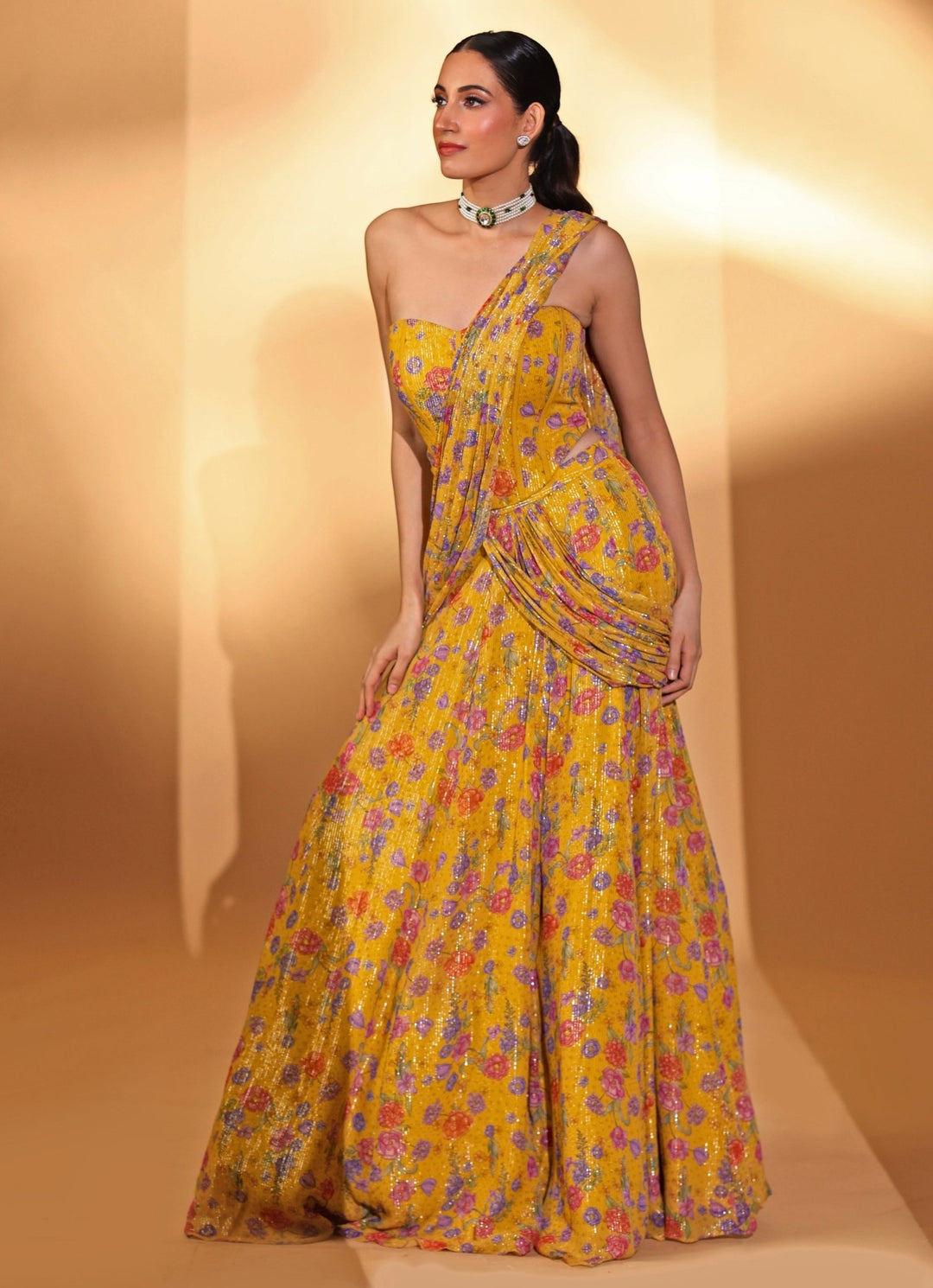 Yellow Printed Georgette Lehenga Saree With Corset Blouse Kiyohra - Fabilicious Fashion