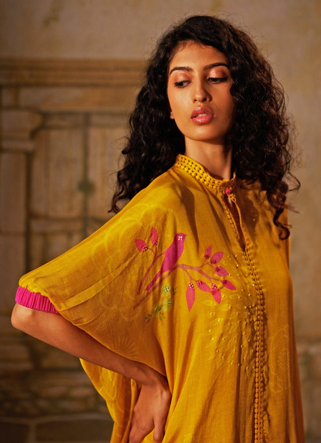 Yellow Printed High - Neck Chiffon Co - Ord Set Basil Leaf - Fabilicious Fashion