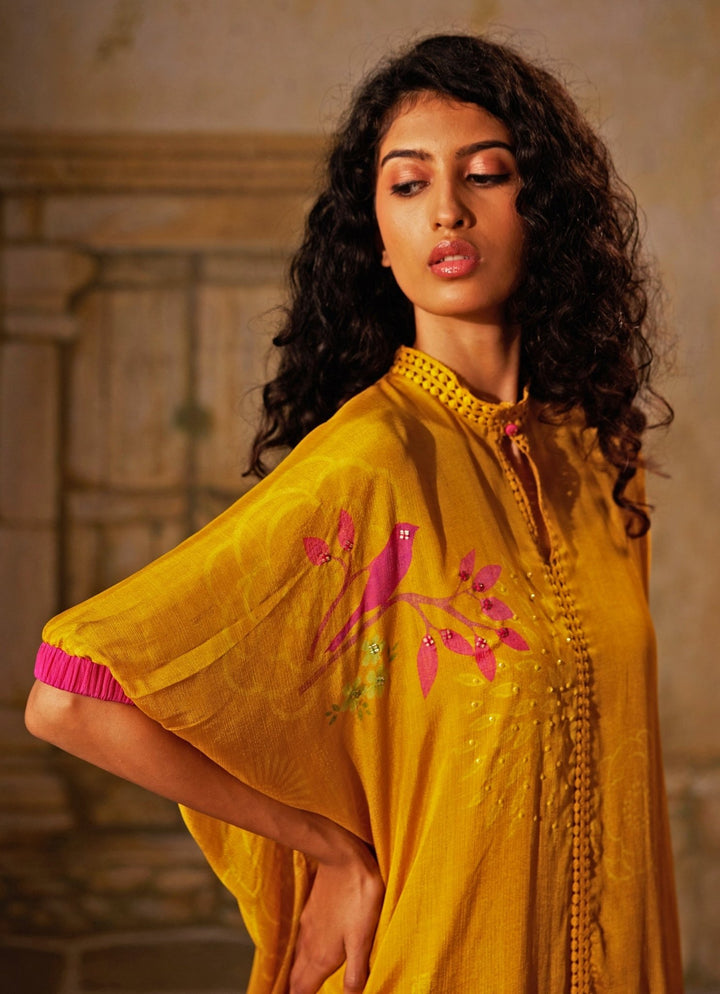 Yellow Printed High - Neck Chiffon Co - Ord Set Basil Leaf - Fabilicious Fashion