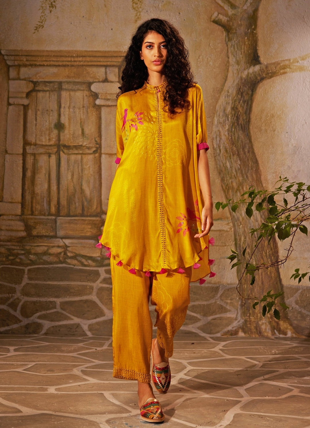 Yellow Printed High - Neck Chiffon Co - Ord Set Basil Leaf - Fabilicious Fashion