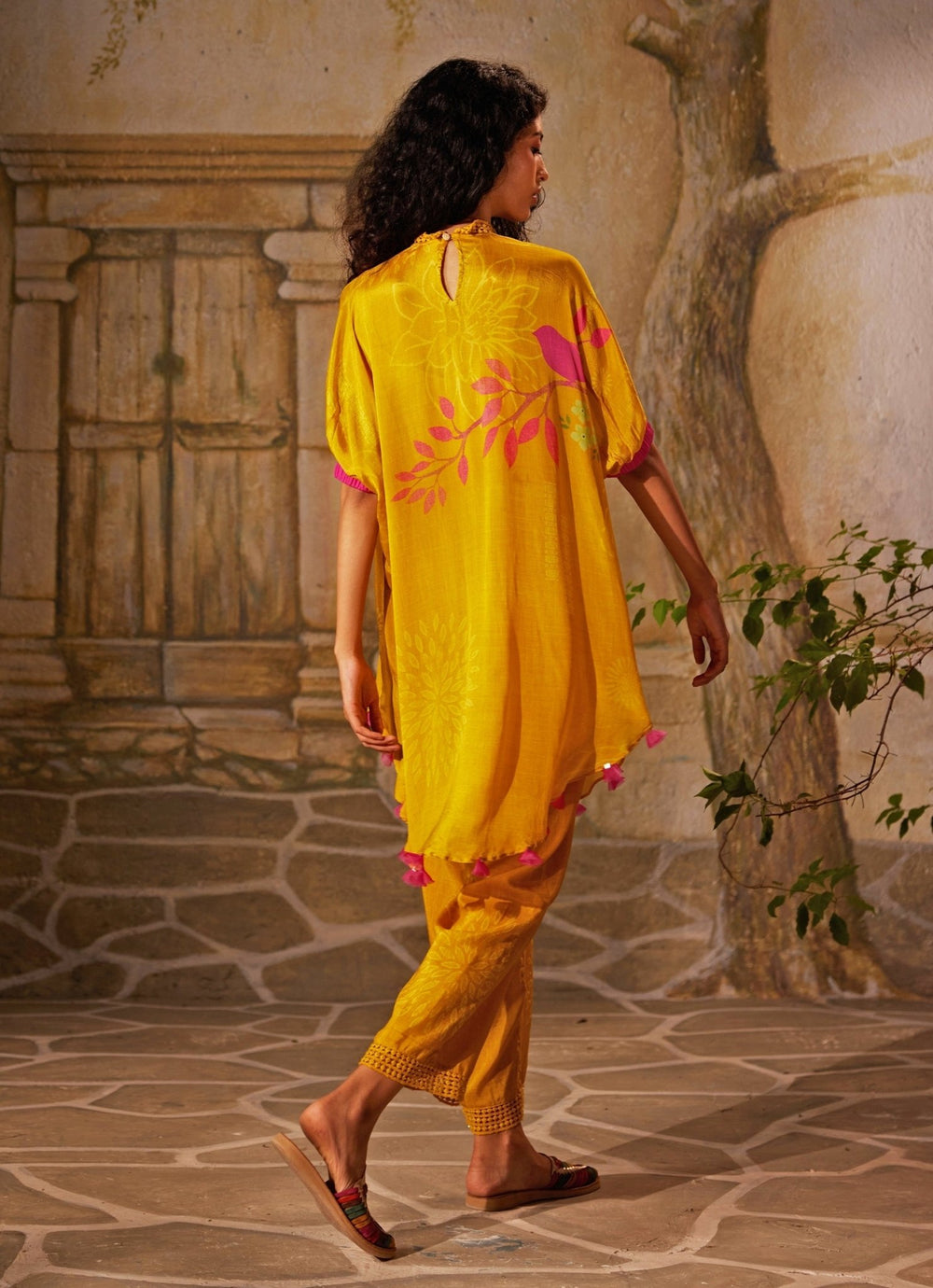 Yellow Printed High - Neck Chiffon Co - Ord Set Basil Leaf - Fabilicious Fashion