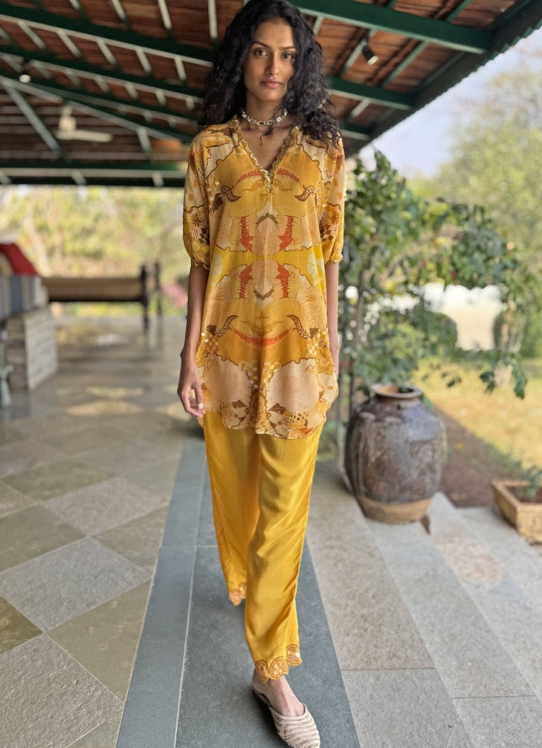 Yellow Printed Kurta Pant Set Basil Leaf - Fabilicious Fashion