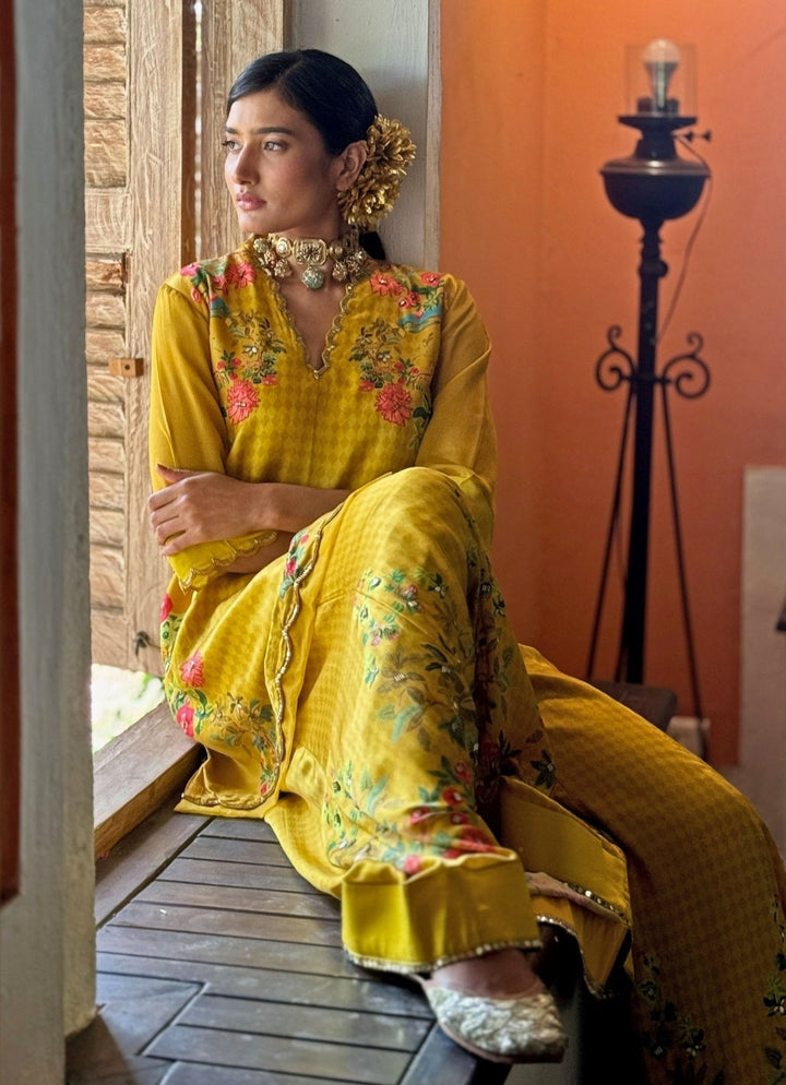 Yellow Printed Kurta Sharara Basil Leaf - Fabilicious Fashion