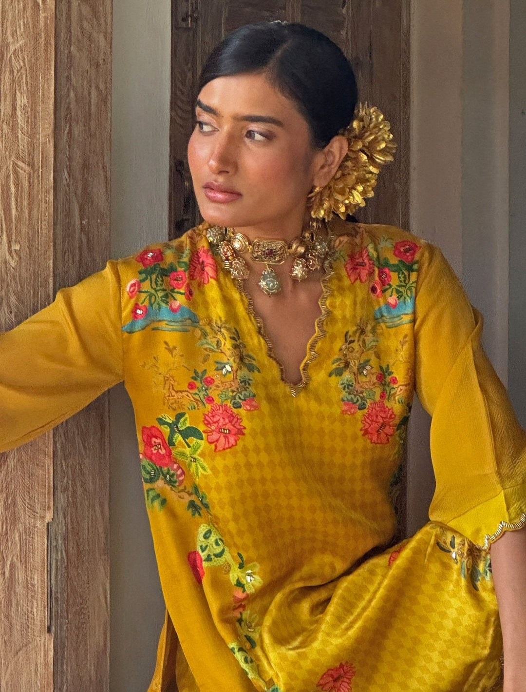 Yellow Printed Kurta Sharara Basil Leaf - Fabilicious Fashion