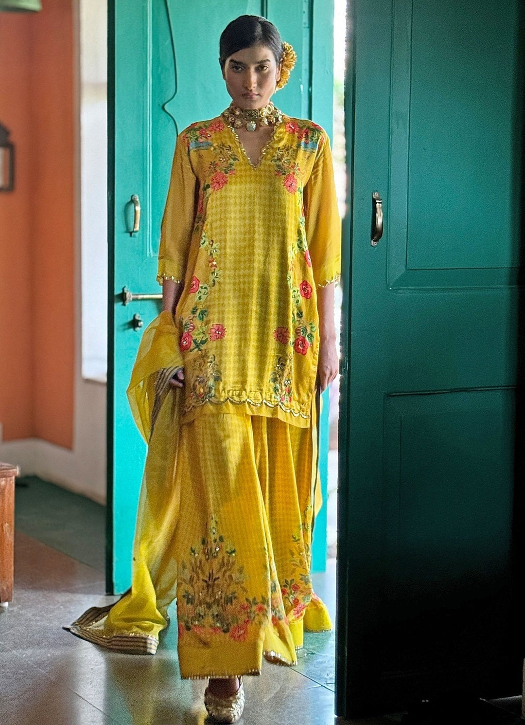Yellow Printed Kurta Sharara Basil Leaf - Fabilicious Fashion