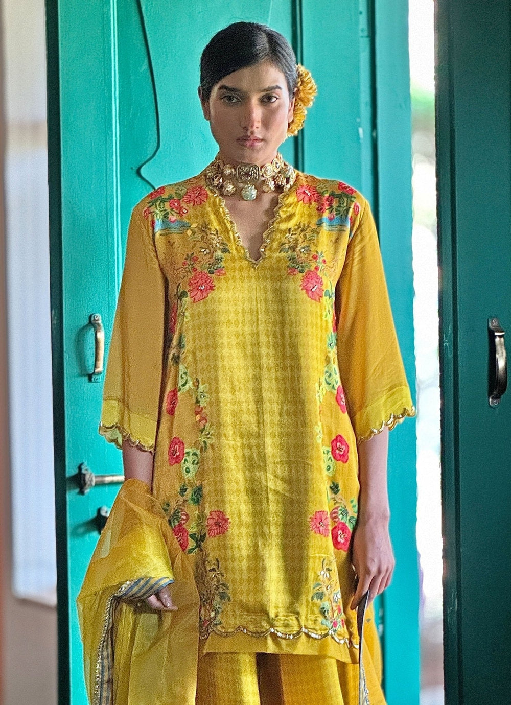 Yellow Printed Kurta Sharara Basil Leaf - Fabilicious Fashion