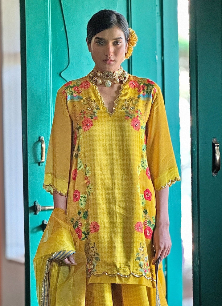 Yellow Printed Kurta Sharara Basil Leaf - Fabilicious Fashion