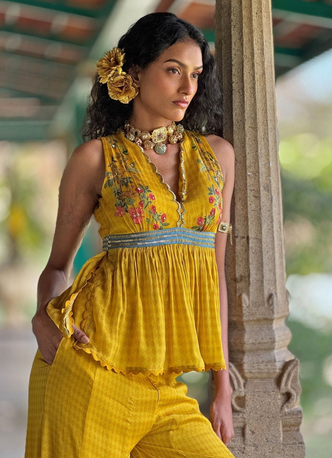 Yellow Printed Peplum Top And Pant Basil Leaf - Fabilicious Fashion