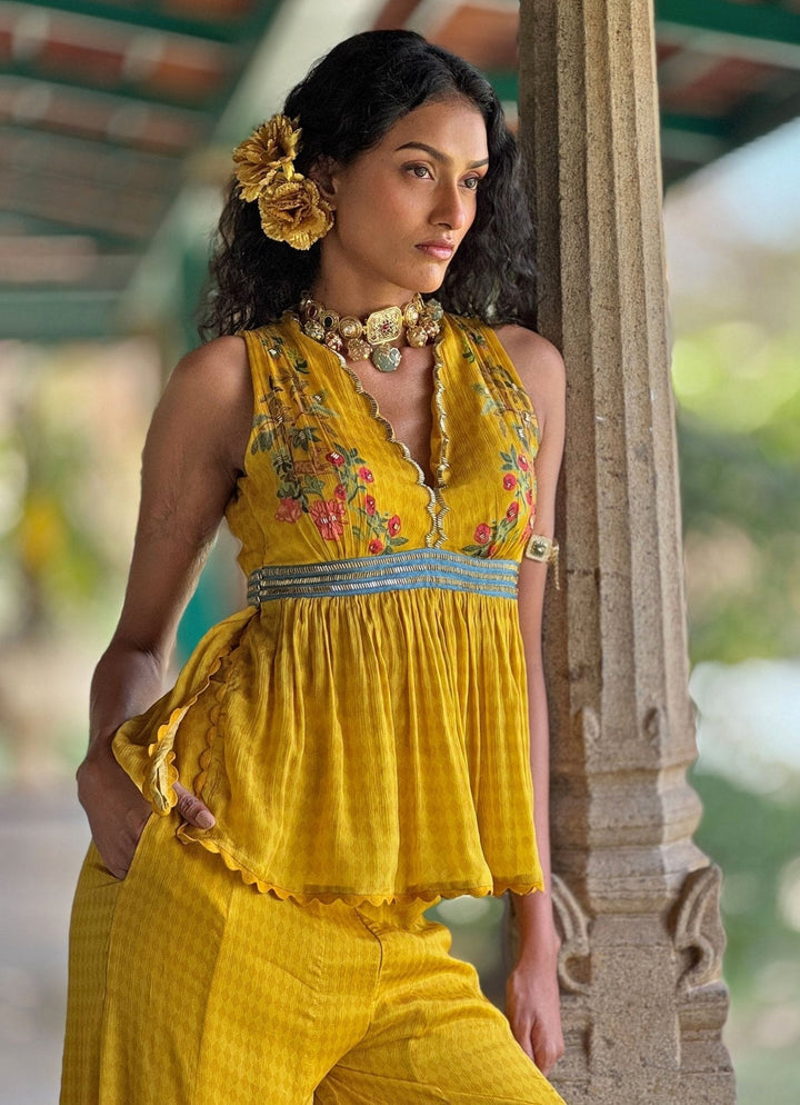 Yellow Printed Peplum Top And Pant Basil Leaf - Fabilicious Fashion
