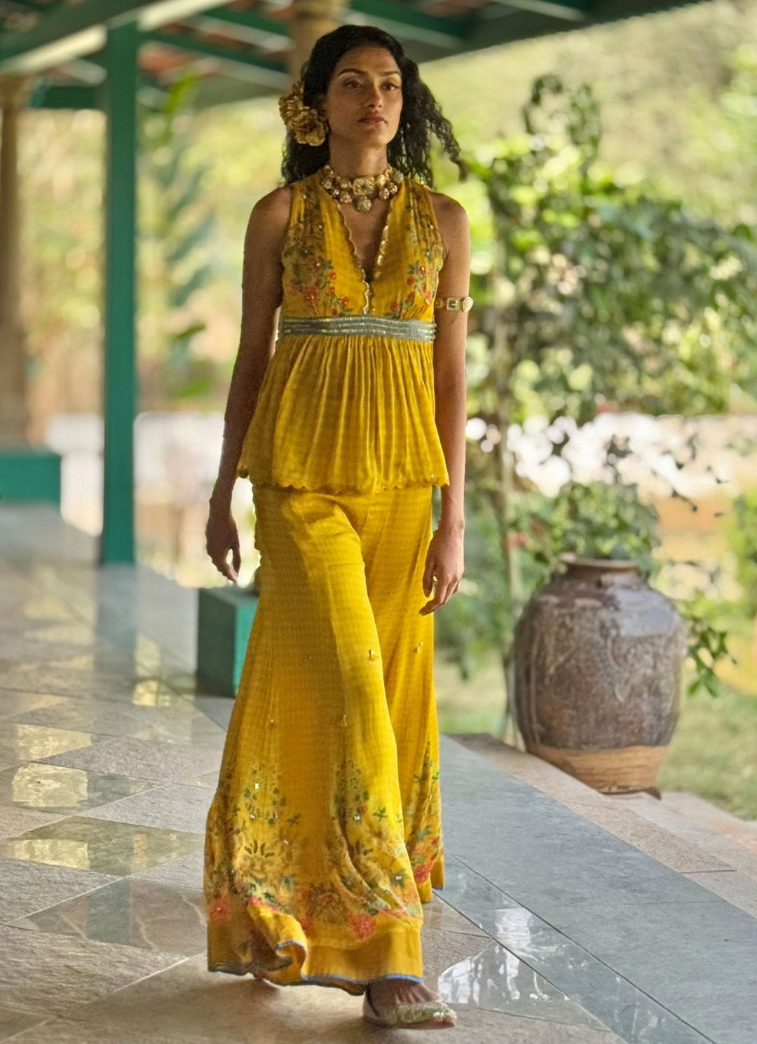 Yellow Printed Peplum Top And Pant Basil Leaf - Fabilicious Fashion