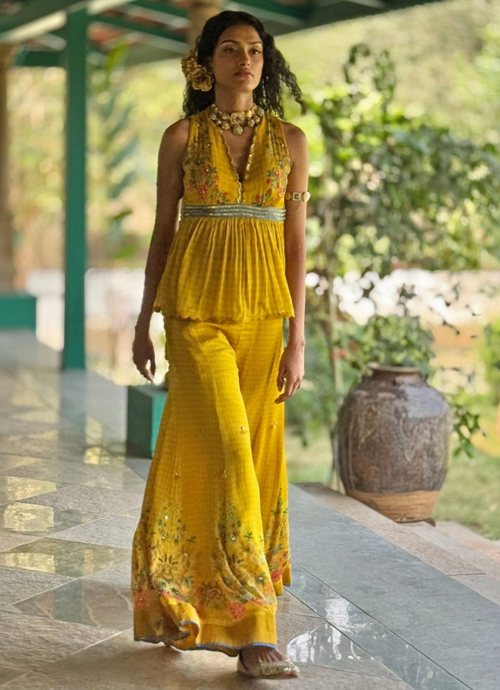 Yellow Printed Peplum Top And Pant Basil Leaf - Fabilicious Fashion