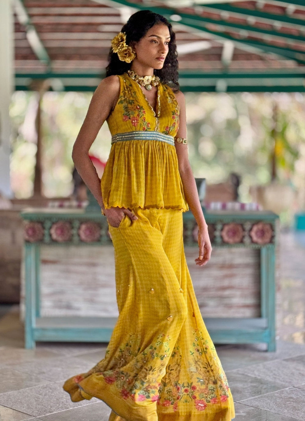 Yellow Printed Peplum Top And Pant Basil Leaf - Fabilicious Fashion