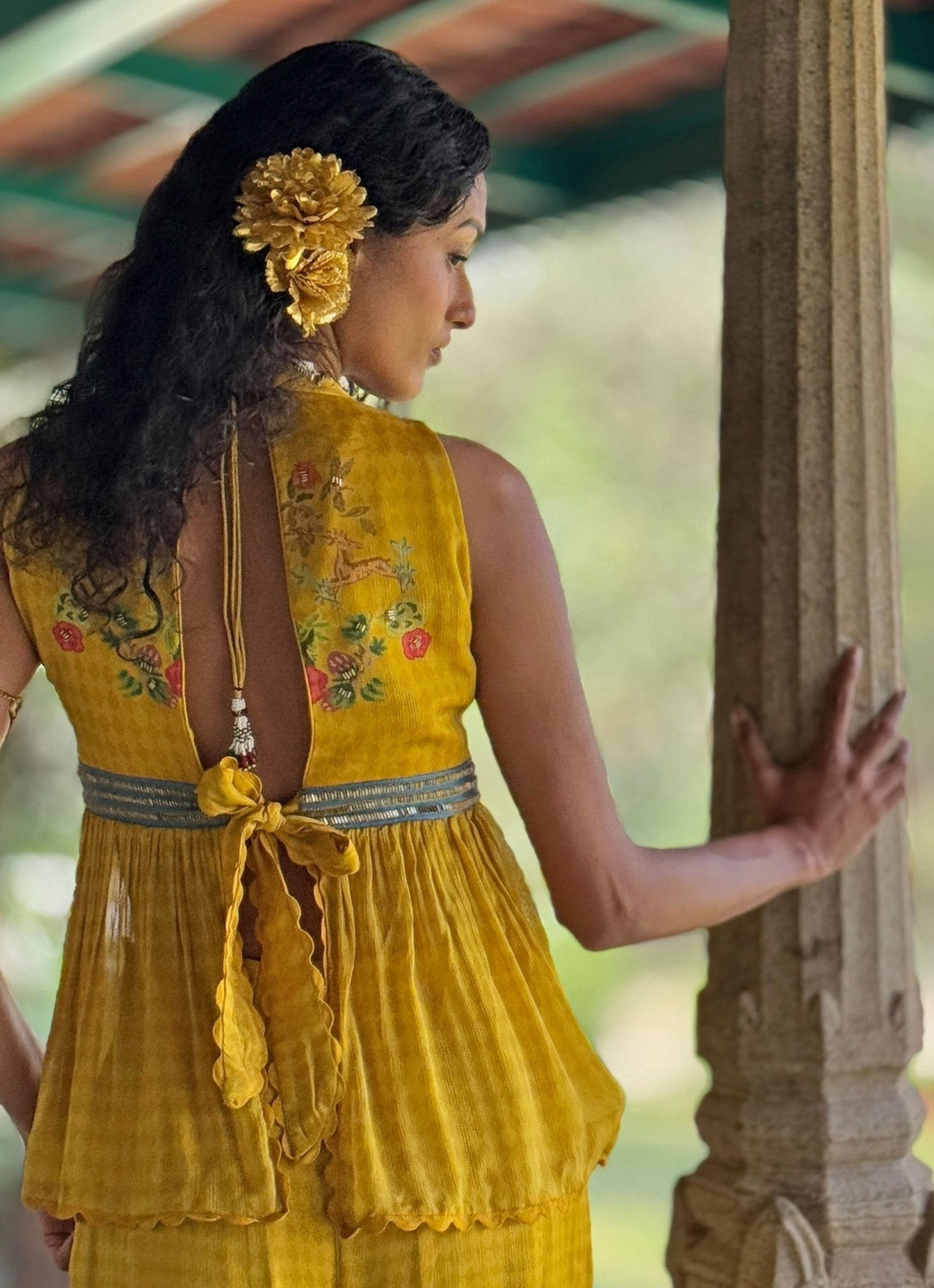 Yellow Printed Peplum Top And Pant Basil Leaf - Fabilicious Fashion