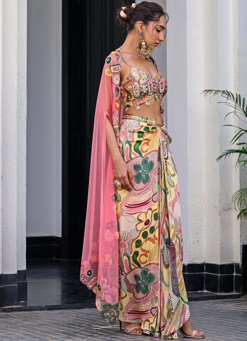Yellow Printed Satin Dhoti Skirt With Cutwork Appliqué Cape Juhi Bengani - Fabilicious Fashion