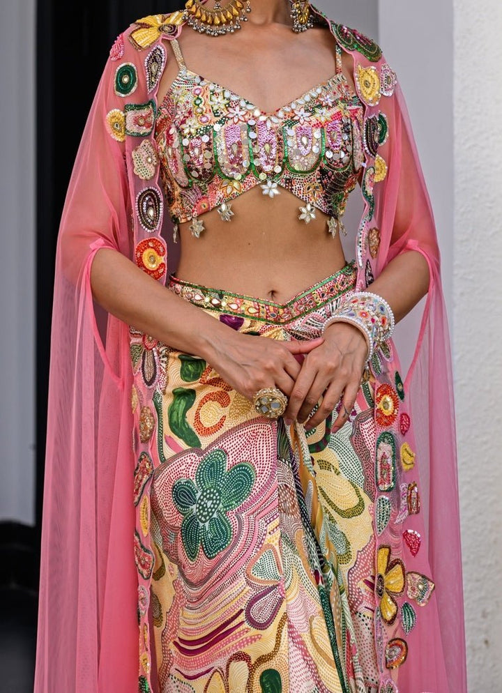Yellow Printed Satin Dhoti Skirt With Cutwork Appliqué Cape Juhi Bengani - Fabilicious Fashion