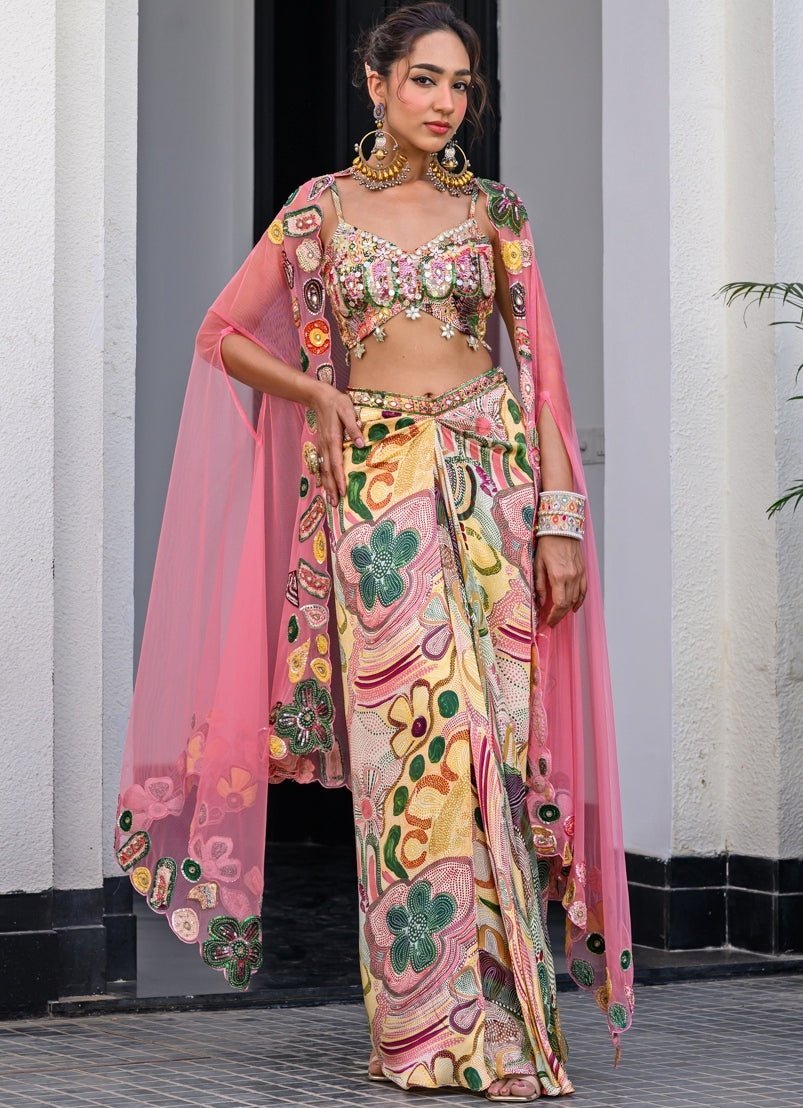 Yellow Printed Satin Dhoti Skirt With Cutwork Appliqué Cape Juhi Bengani - Fabilicious Fashion