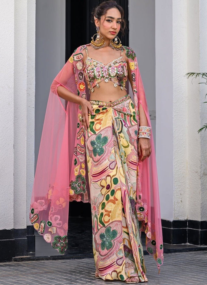 Yellow Printed Satin Dhoti Skirt With Cutwork Appliqué Cape Juhi Bengani - Fabilicious Fashion