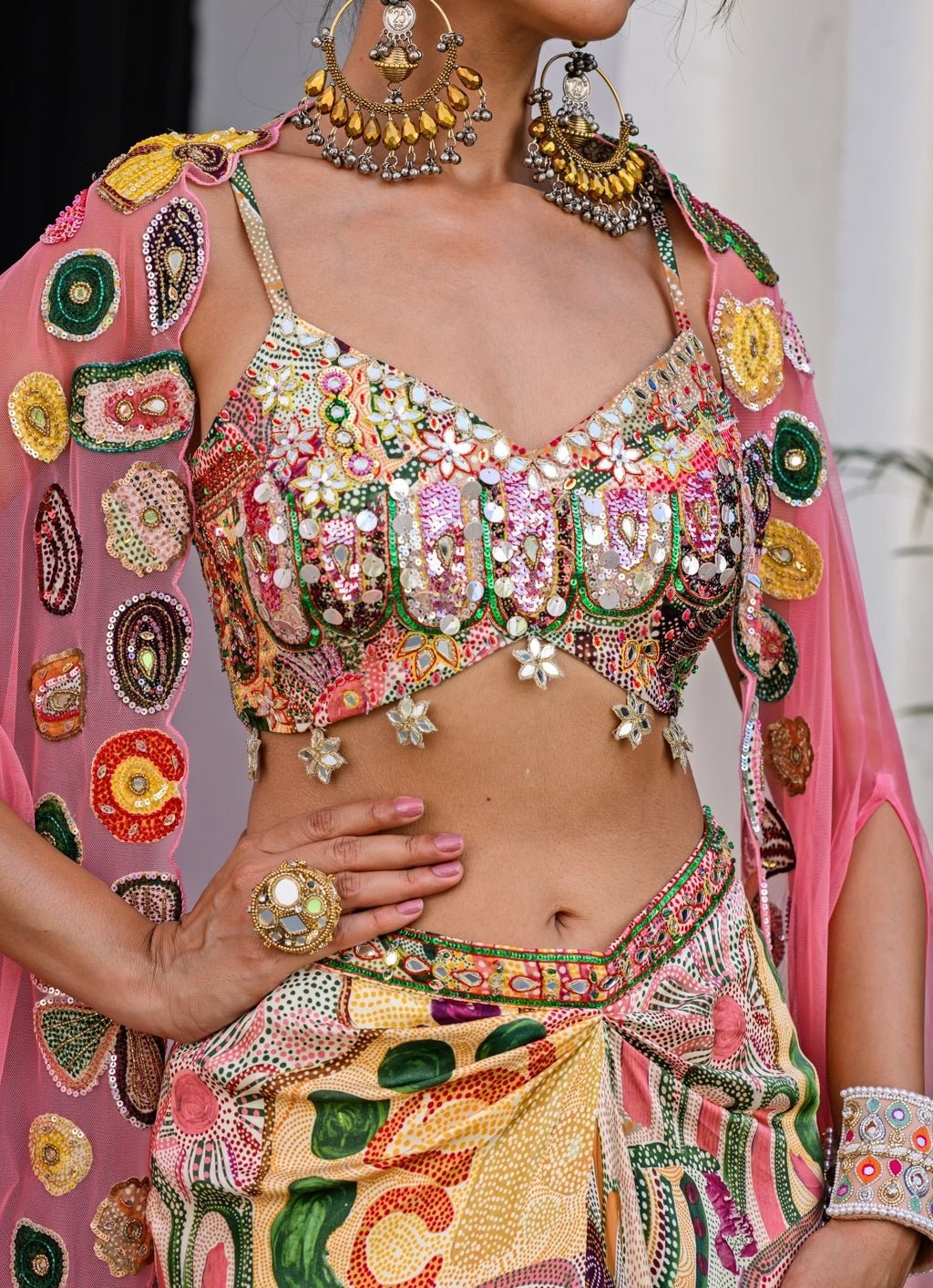 Yellow Printed Satin Dhoti Skirt With Cutwork Appliqué Cape Juhi Bengani - Fabilicious Fashion