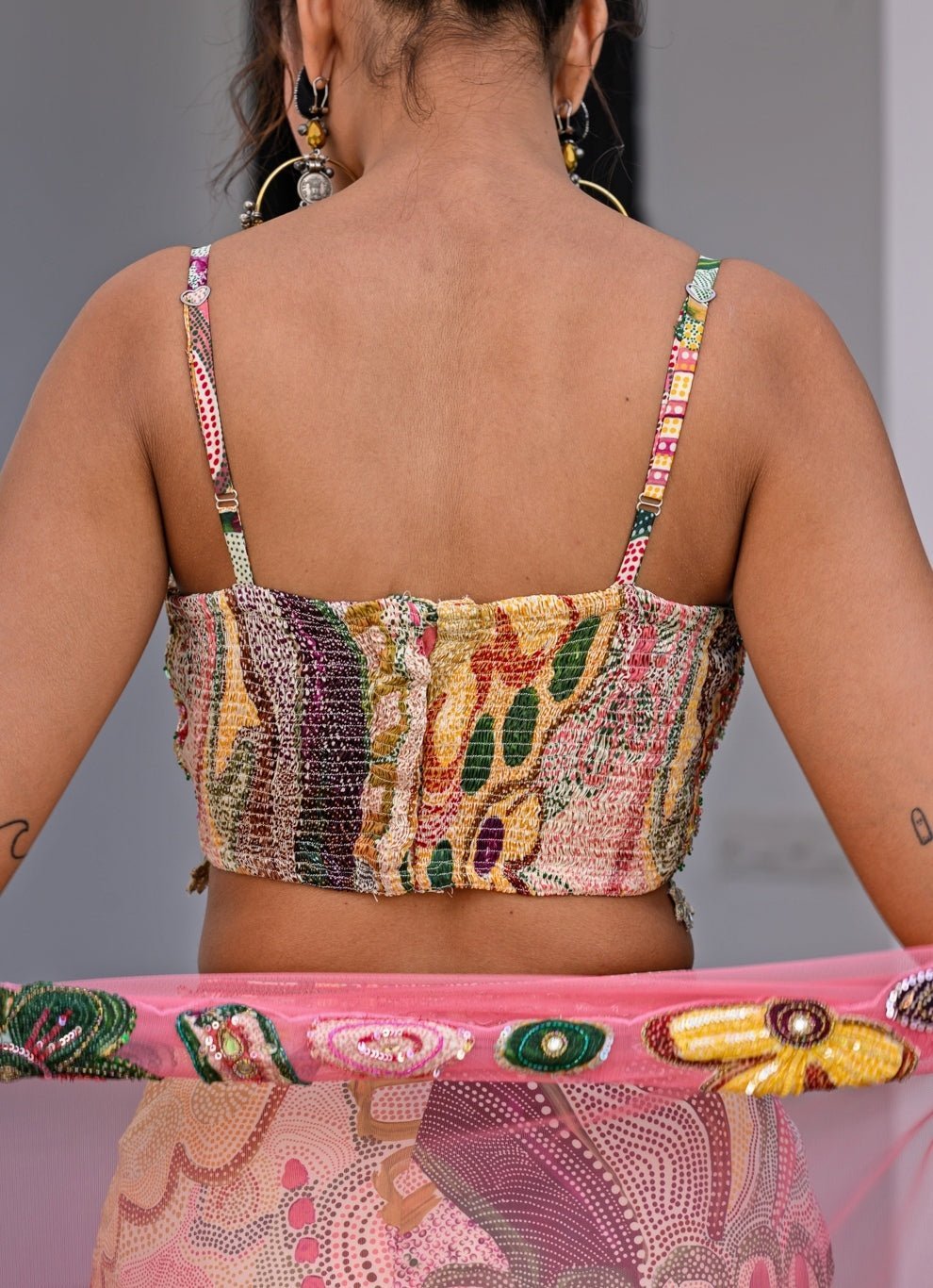 Yellow Printed Satin Dhoti Skirt With Cutwork Appliqué Cape Juhi Bengani - Fabilicious Fashion
