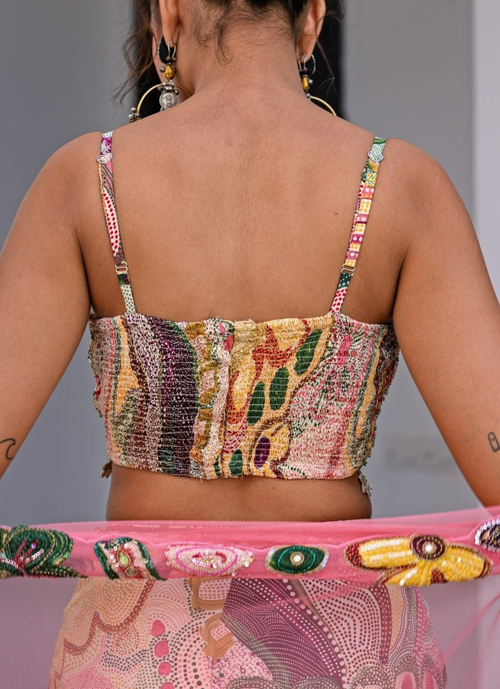 Yellow Printed Satin Dhoti Skirt With Cutwork Appliqué Cape Juhi Bengani - Fabilicious Fashion