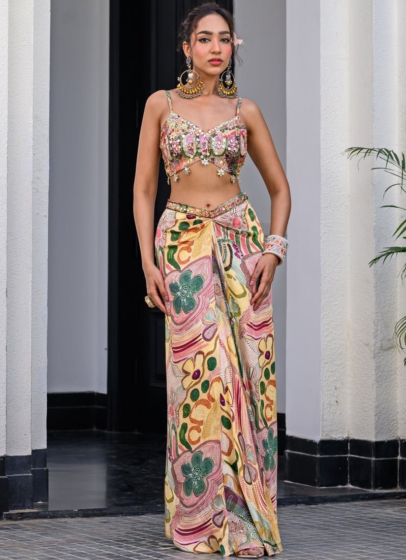 Yellow Printed Satin Dhoti Skirt With Cutwork Appliqué Cape Juhi Bengani - Fabilicious Fashion