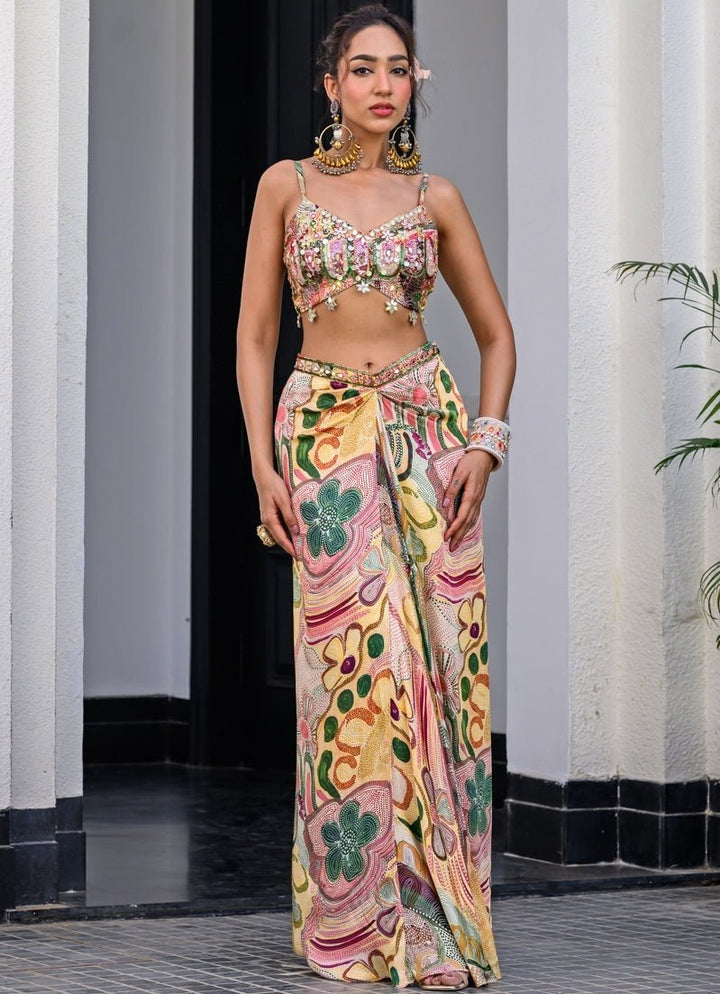 Yellow Printed Satin Dhoti Skirt With Cutwork Appliqué Cape Juhi Bengani - Fabilicious Fashion