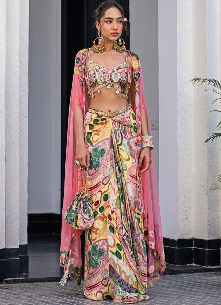 Yellow Printed Satin Dhoti Skirt With Cutwork Appliqué Cape Juhi Bengani - Fabilicious Fashion
